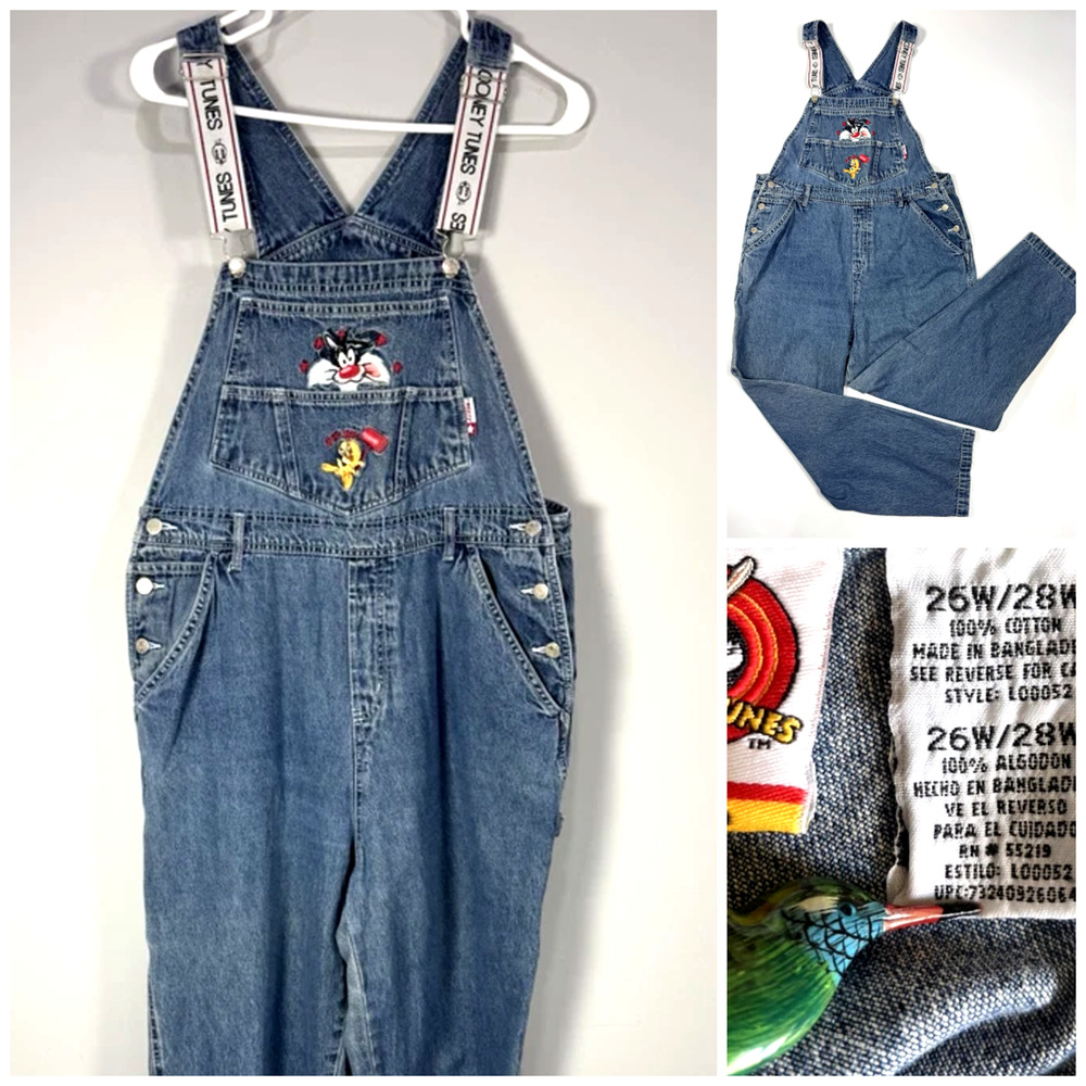Vtg Looney Tunes Denim Overalls Womens 26/28W Blue Tweety Sylvester Embroidered